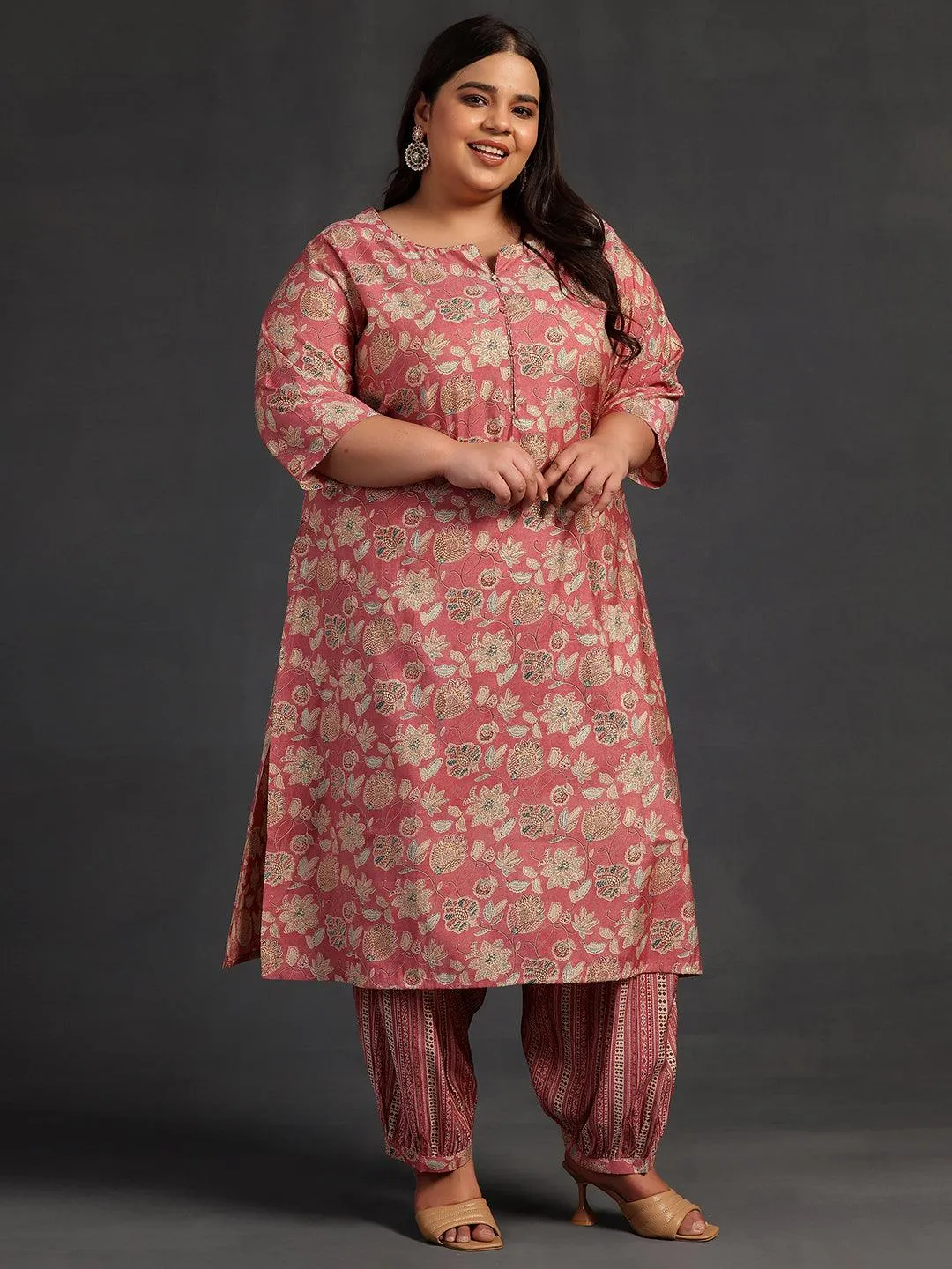 Plus Size Peach Printed Silk Blend Straight Kurta Set