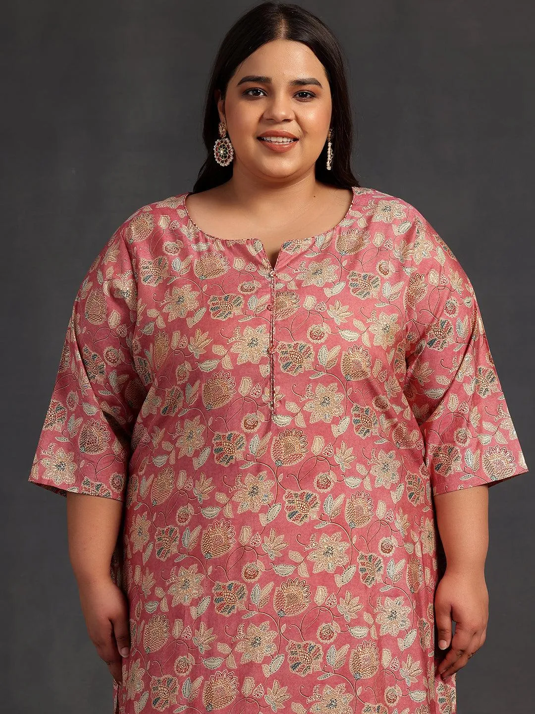 Plus Size Peach Printed Silk Blend Straight Kurta Set