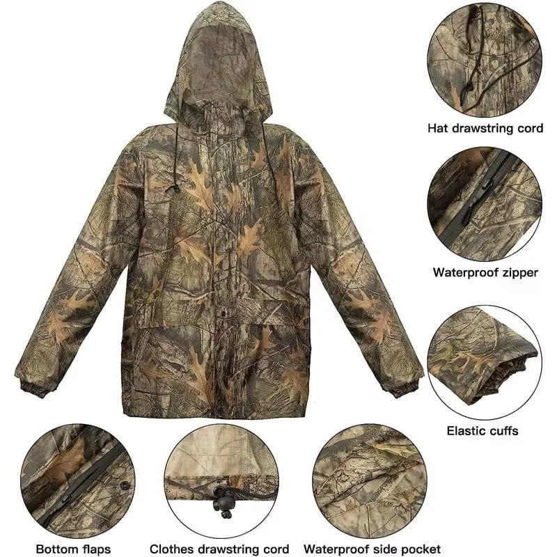 Portable Woodland Camo Poncho Raincoat Set with Rain Pants Folding Waterproof Clothes Trip Tactical Man Rain Jacket