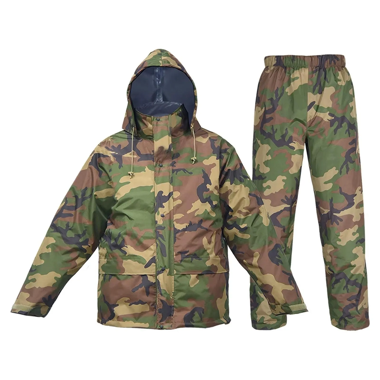 Portable Woodland Camo Poncho Raincoat Set with Rain Pants Folding Waterproof Clothes Trip Tactical Man Rain Jacket