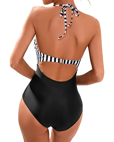 Sexy Deep V Neck Push Up One Piece Swimsuit For Women-Black And White Stripe