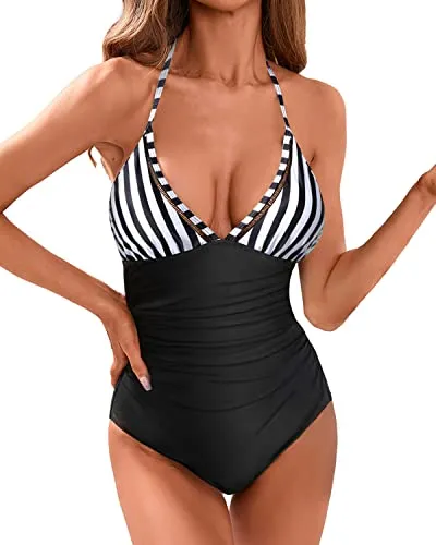 Sexy Deep V Neck Push Up One Piece Swimsuit For Women-Black And White Stripe