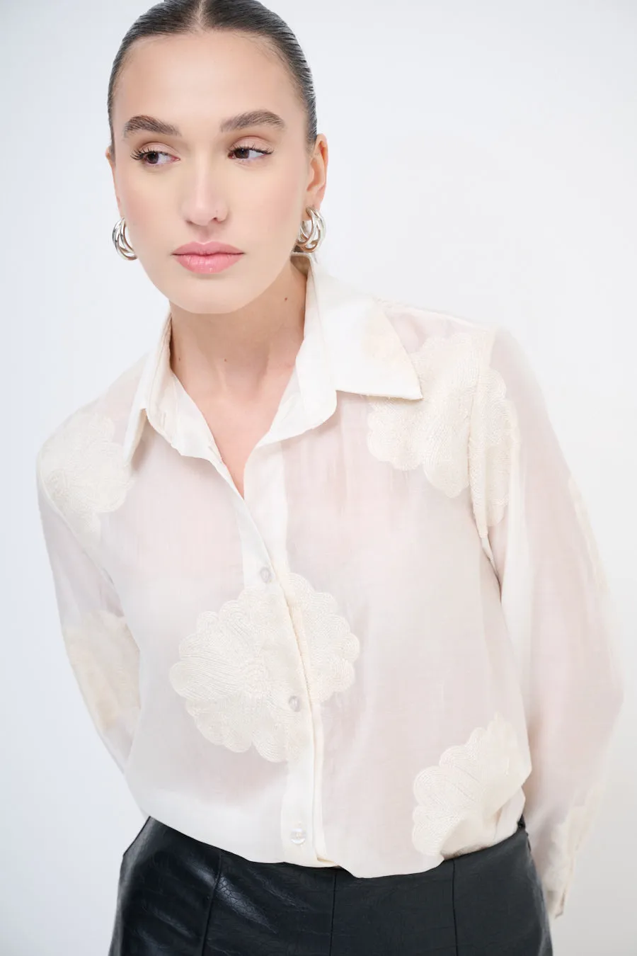 Sheer button-up blouse with floral embroidery wholesale