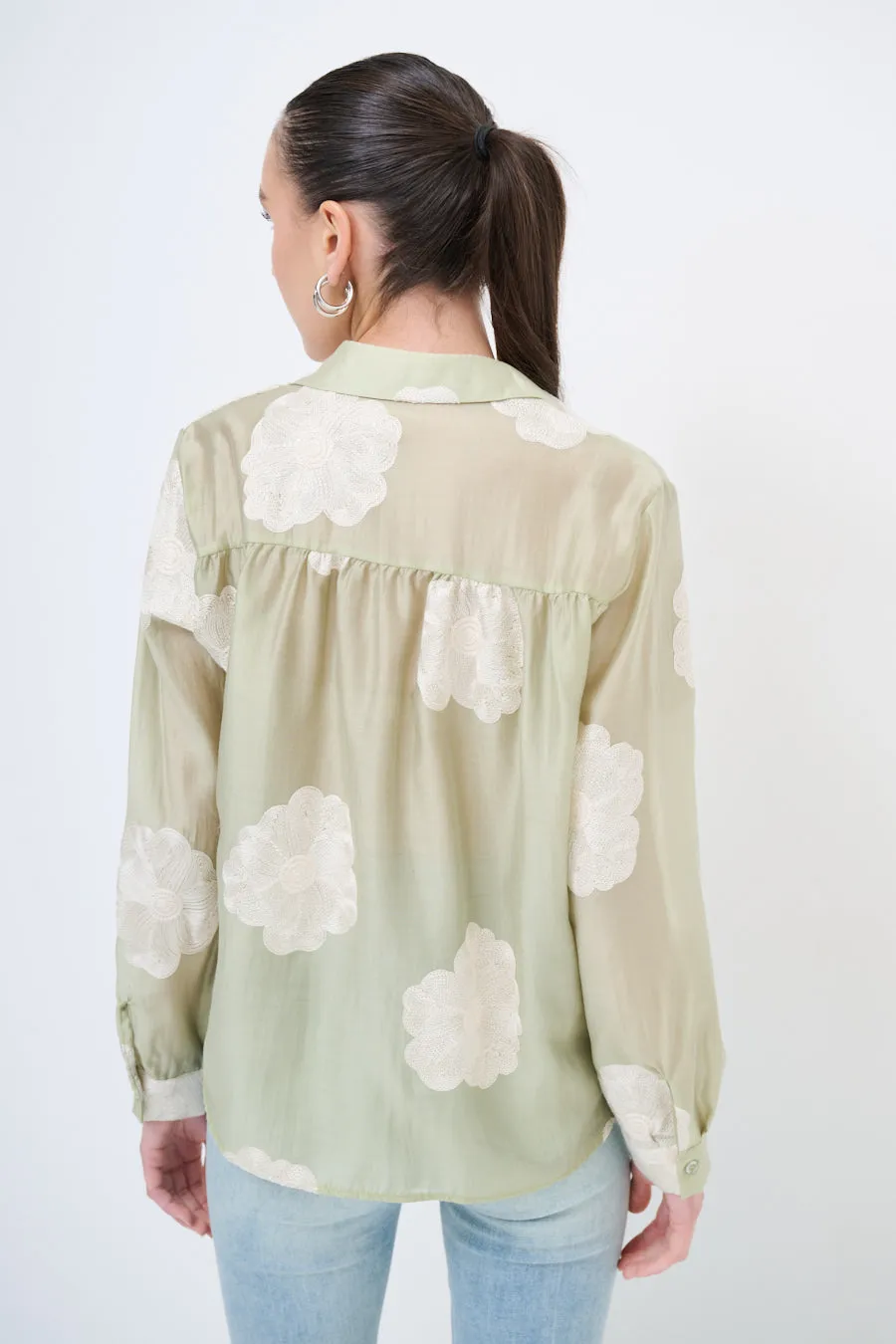 Sheer button-up blouse with floral embroidery wholesale