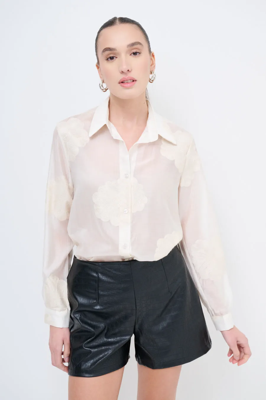 Sheer button-up blouse with floral embroidery wholesale