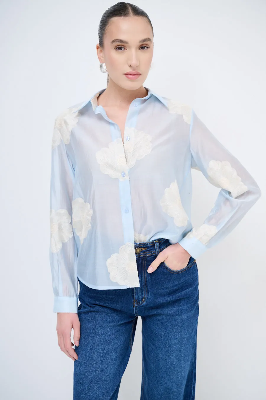 Sheer button-up blouse with floral embroidery wholesale