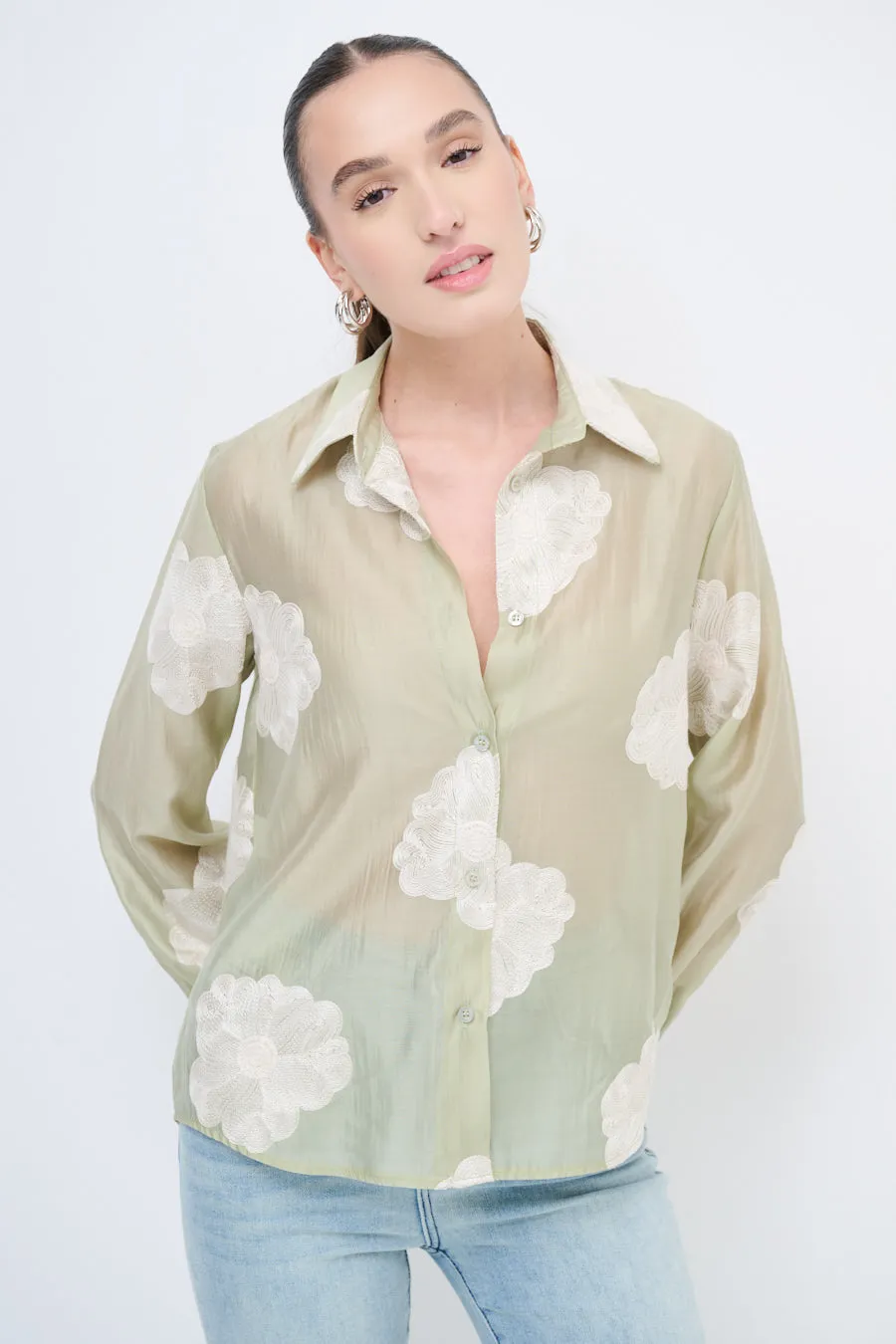 Sheer button-up blouse with floral embroidery wholesale