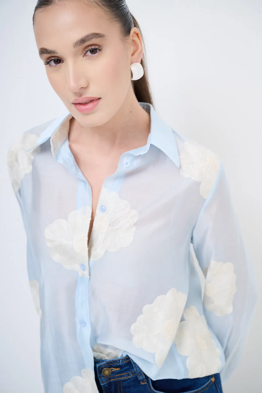 Sheer button-up blouse with floral embroidery wholesale