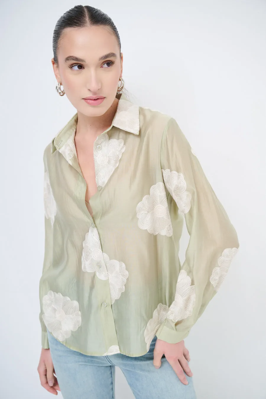 Sheer button-up blouse with floral embroidery wholesale