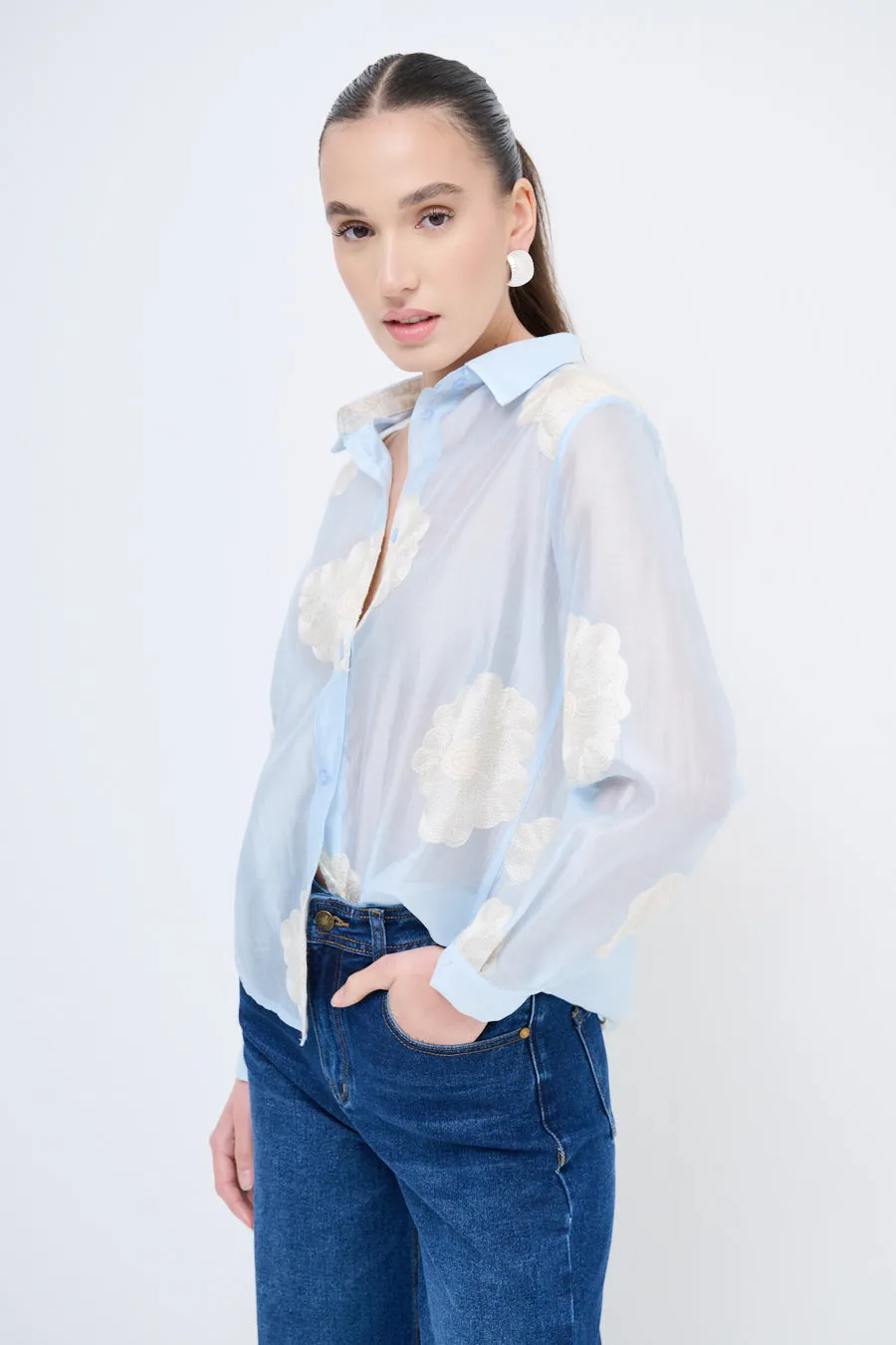 Sheer button-up blouse with floral embroidery wholesale