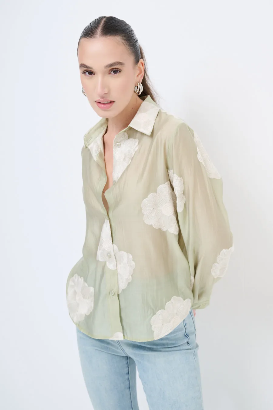 Sheer button-up blouse with floral embroidery wholesale