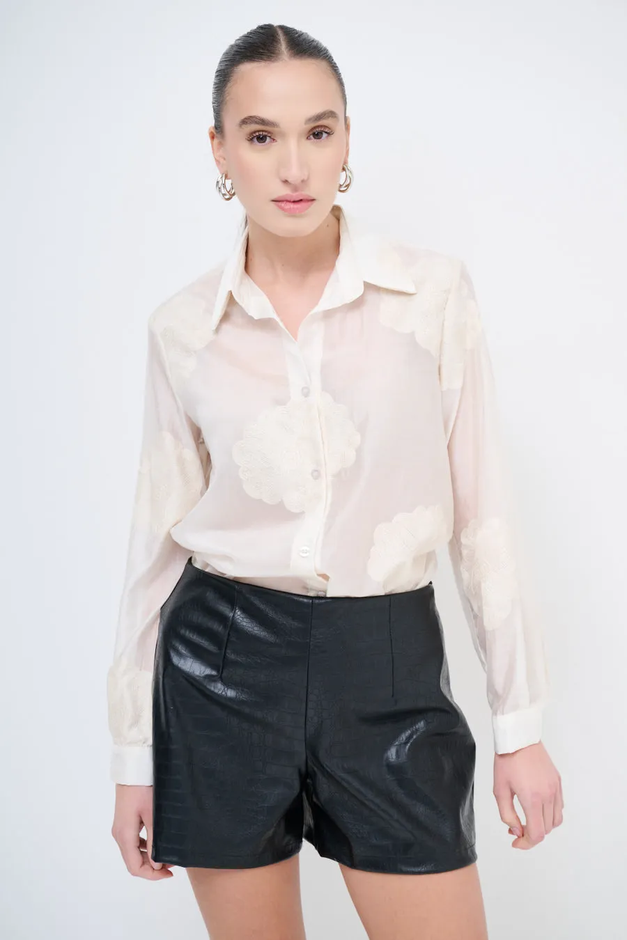 Sheer button-up blouse with floral embroidery wholesale