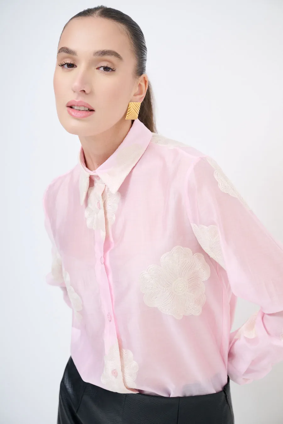 Sheer button-up blouse with floral embroidery wholesale