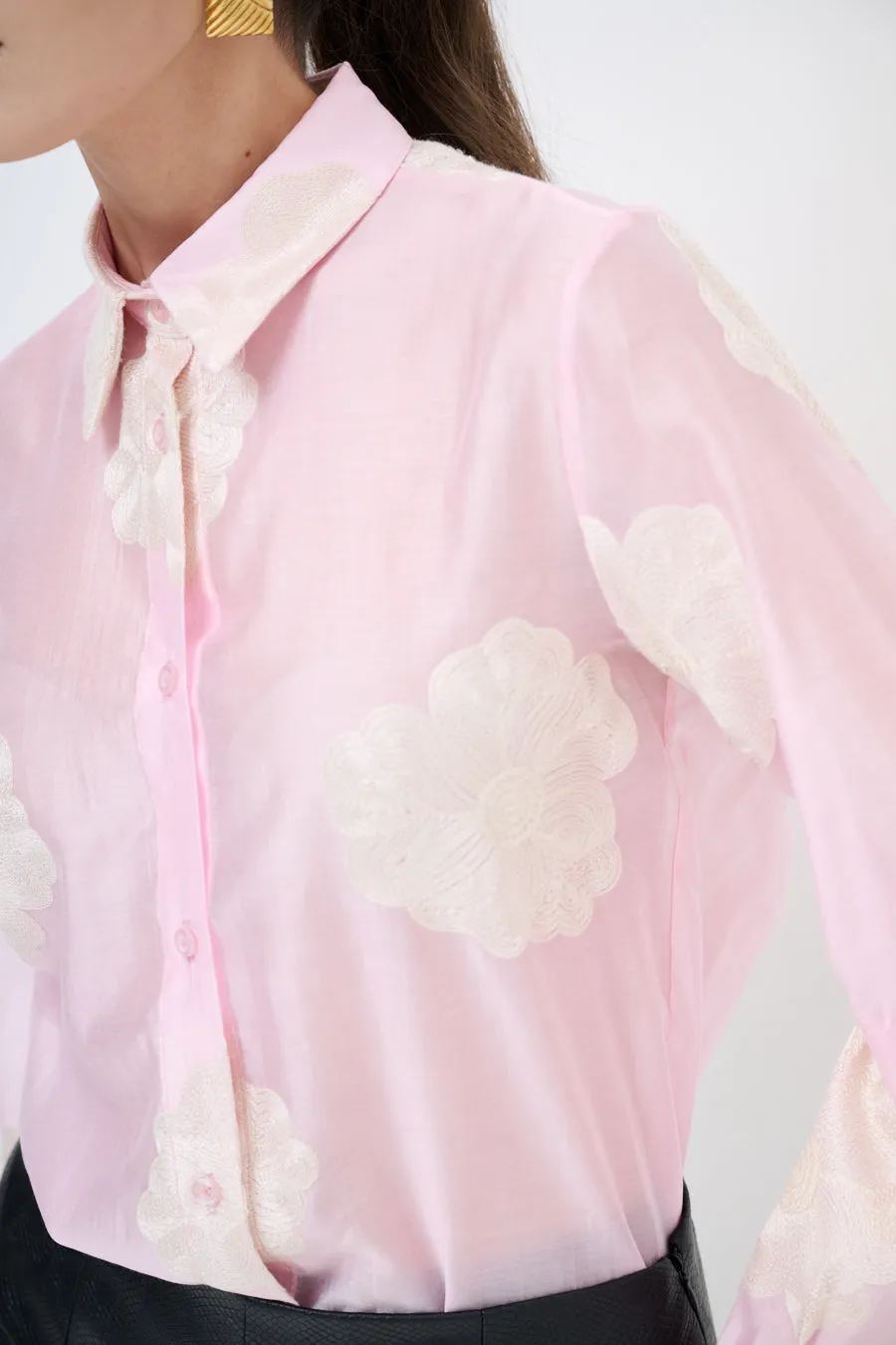 Sheer button-up blouse with floral embroidery wholesale