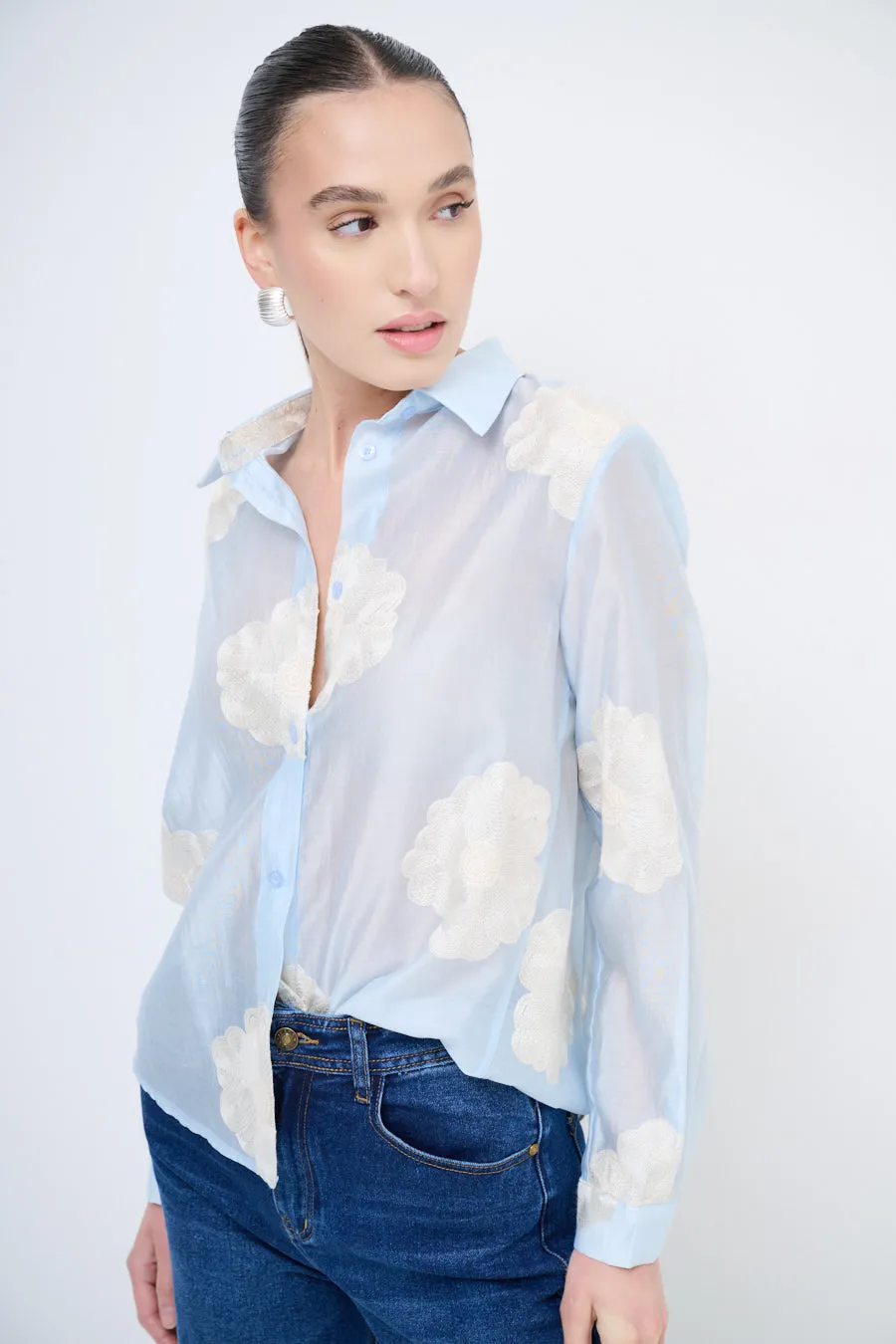 Sheer button-up blouse with floral embroidery wholesale