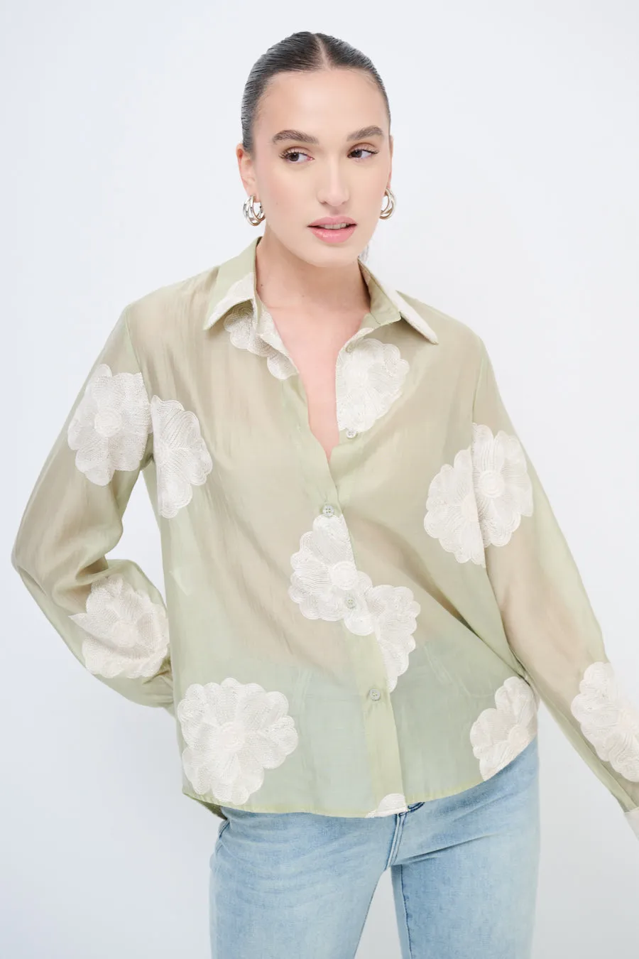 Sheer button-up blouse with floral embroidery wholesale