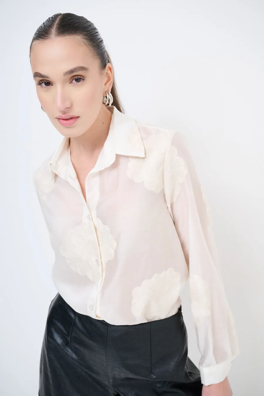 Sheer button-up blouse with floral embroidery wholesale