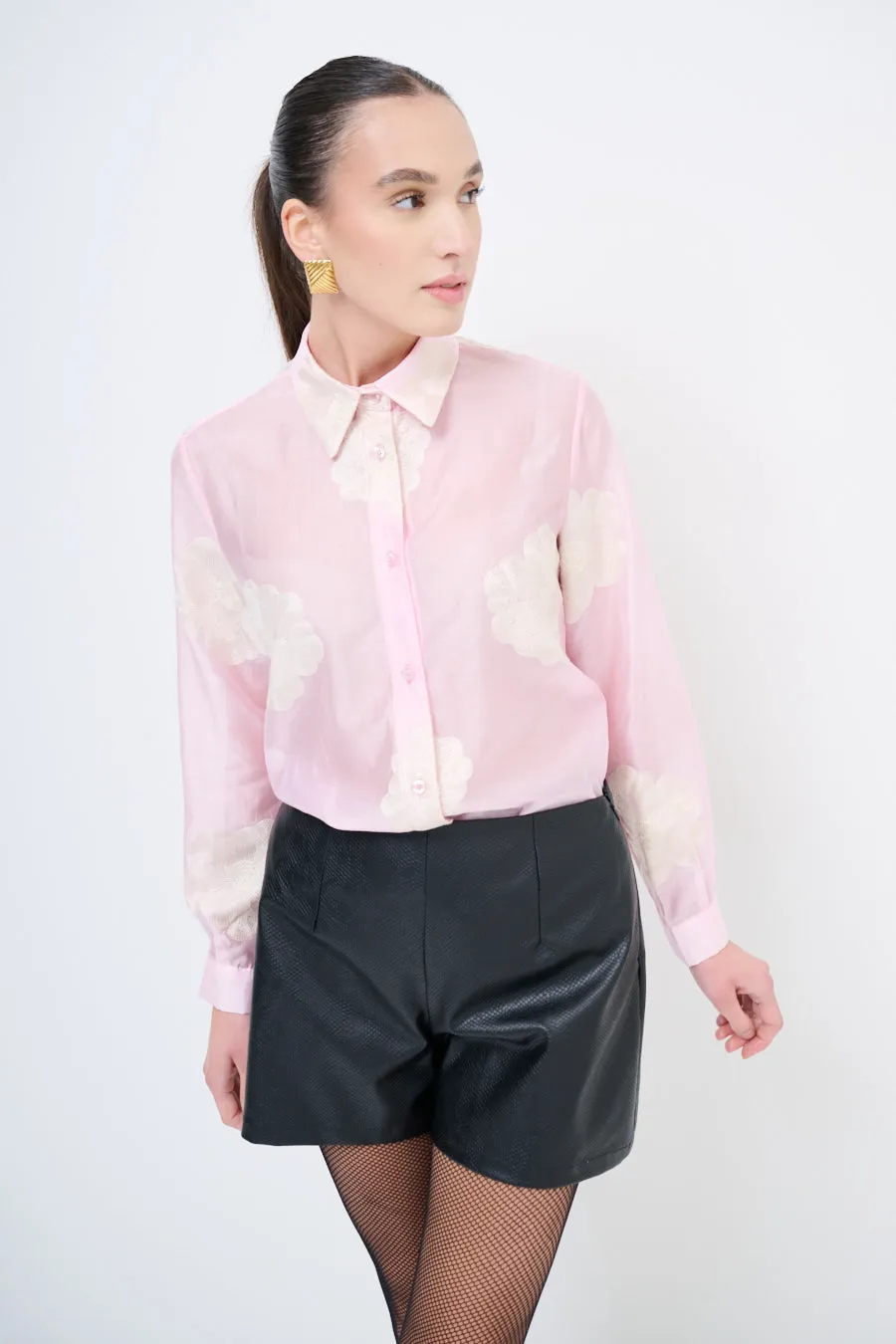 Sheer button-up blouse with floral embroidery wholesale