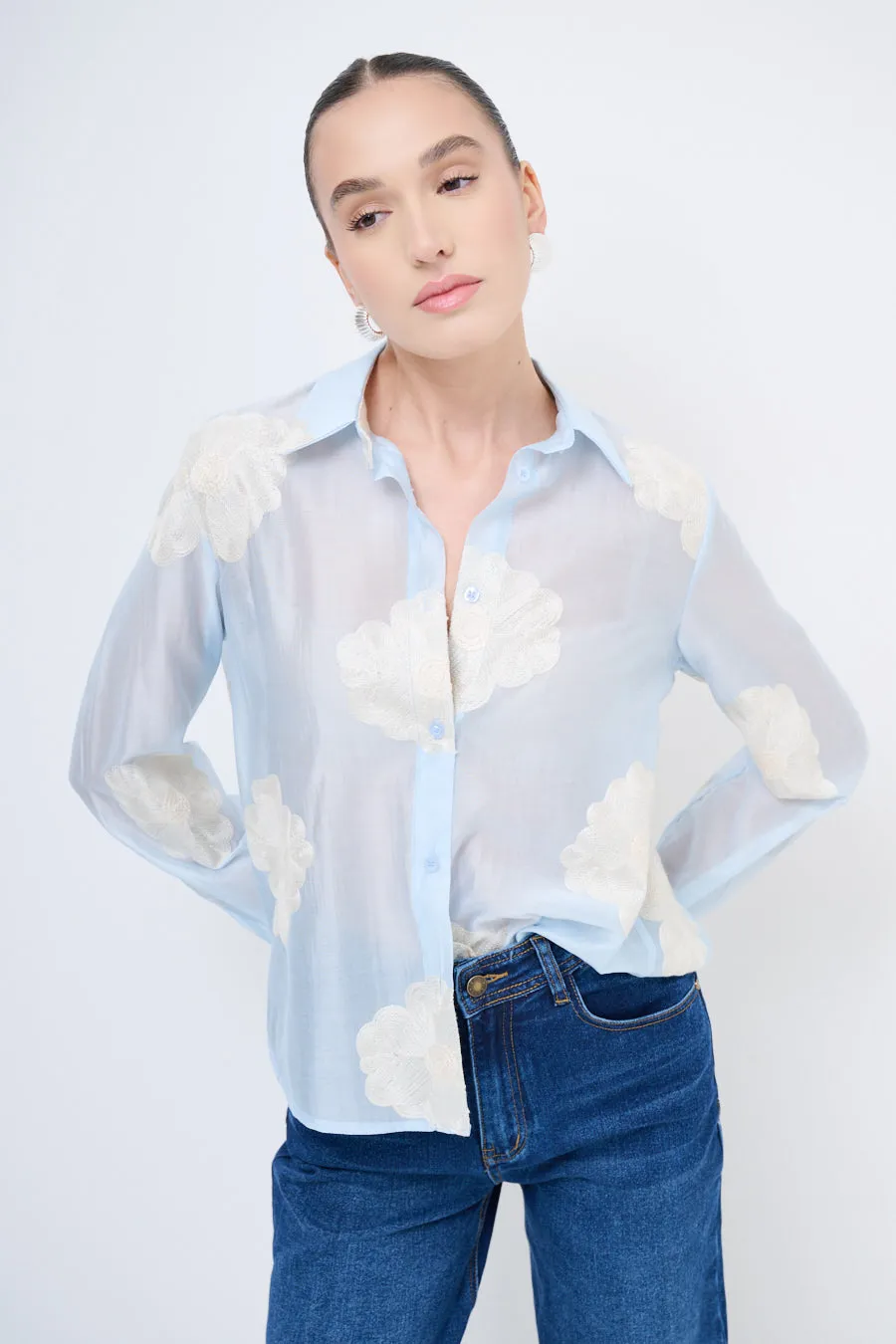 Sheer button-up blouse with floral embroidery wholesale