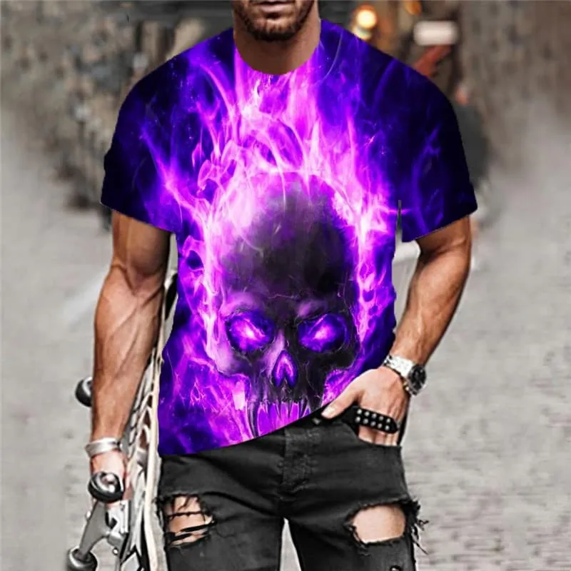 Skull T-shirt Men Flame Funny T shirts Purple T-shirts 3d Mens Clothing summer