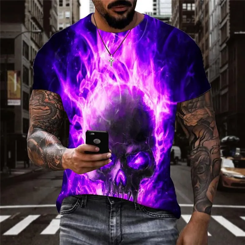 Skull T-shirt Men Flame Funny T shirts Purple T-shirts 3d Mens Clothing summer