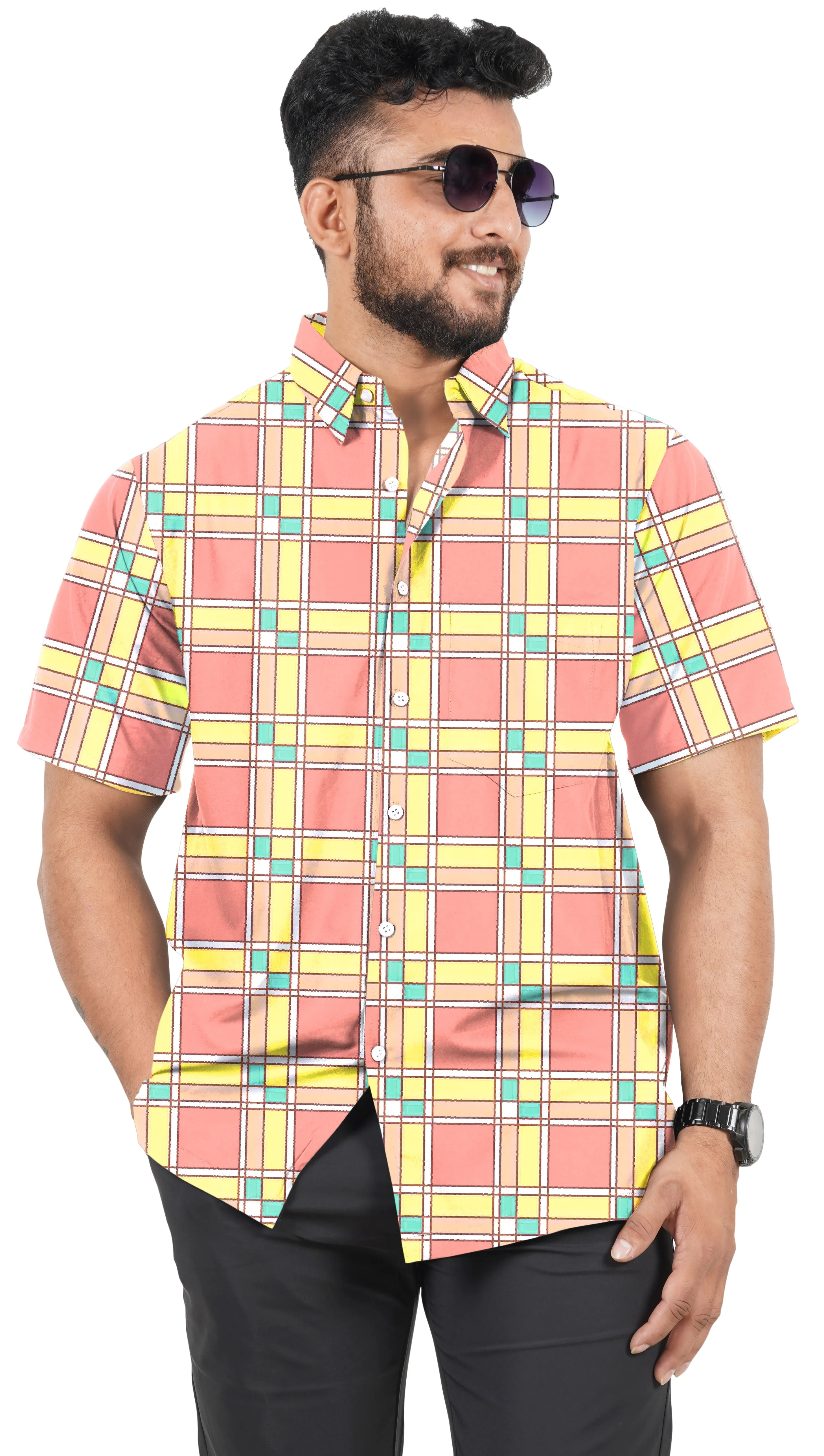 Stylish Pink Color Short Sleeves Checkered Shirt For Men