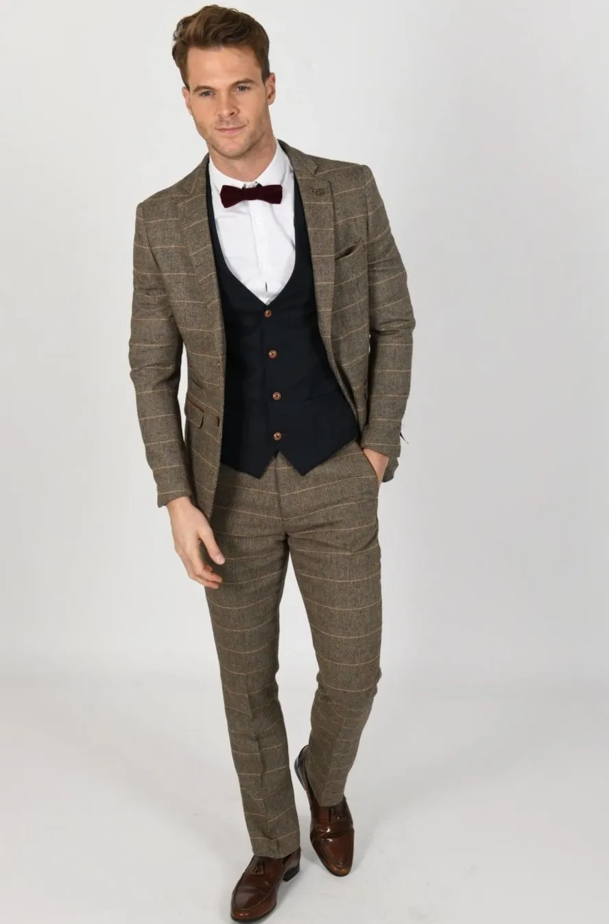 TED TAN SUIT WITH MAX NAVY WAISTCOAT | Check Suit | Wedding Wear | Office Wear