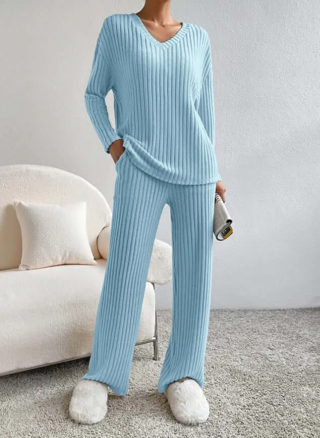 V-neck Striped Knitted Two-piece Suit