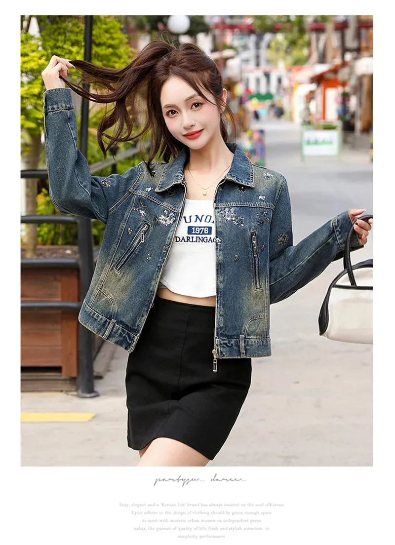 Vintage Denim Embroidery Coat Casual Retro Jacket