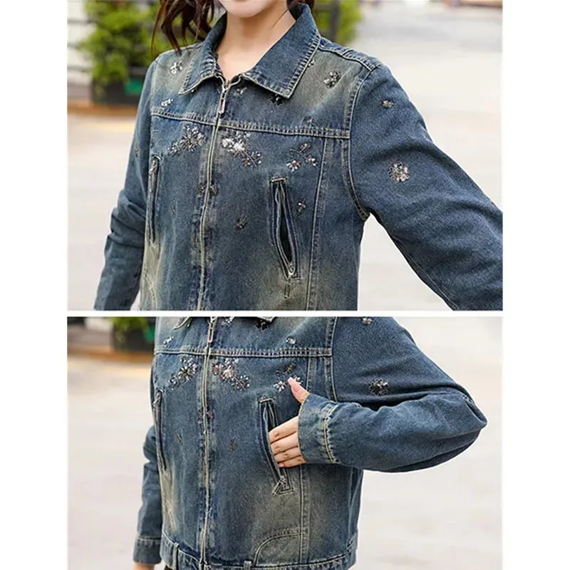 Vintage Denim Embroidery Coat Casual Retro Jacket