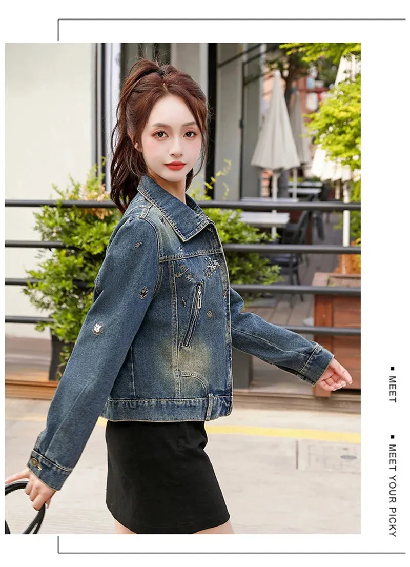 Vintage Denim Embroidery Coat Casual Retro Jacket