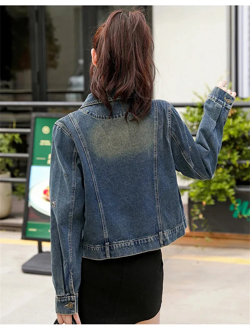 Vintage Denim Embroidery Coat Casual Retro Jacket