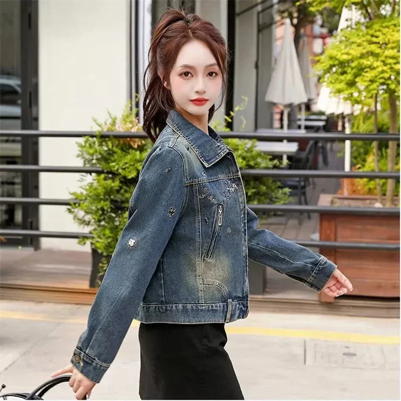 Vintage Denim Embroidery Coat Casual Retro Jacket