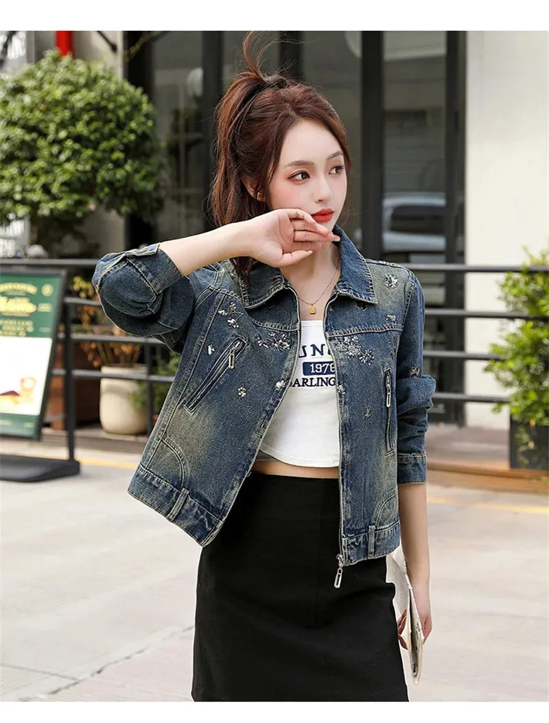 Vintage Denim Embroidery Coat Casual Retro Jacket