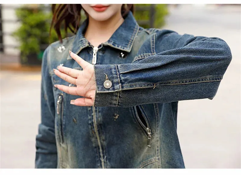 Vintage Denim Embroidery Coat Casual Retro Jacket