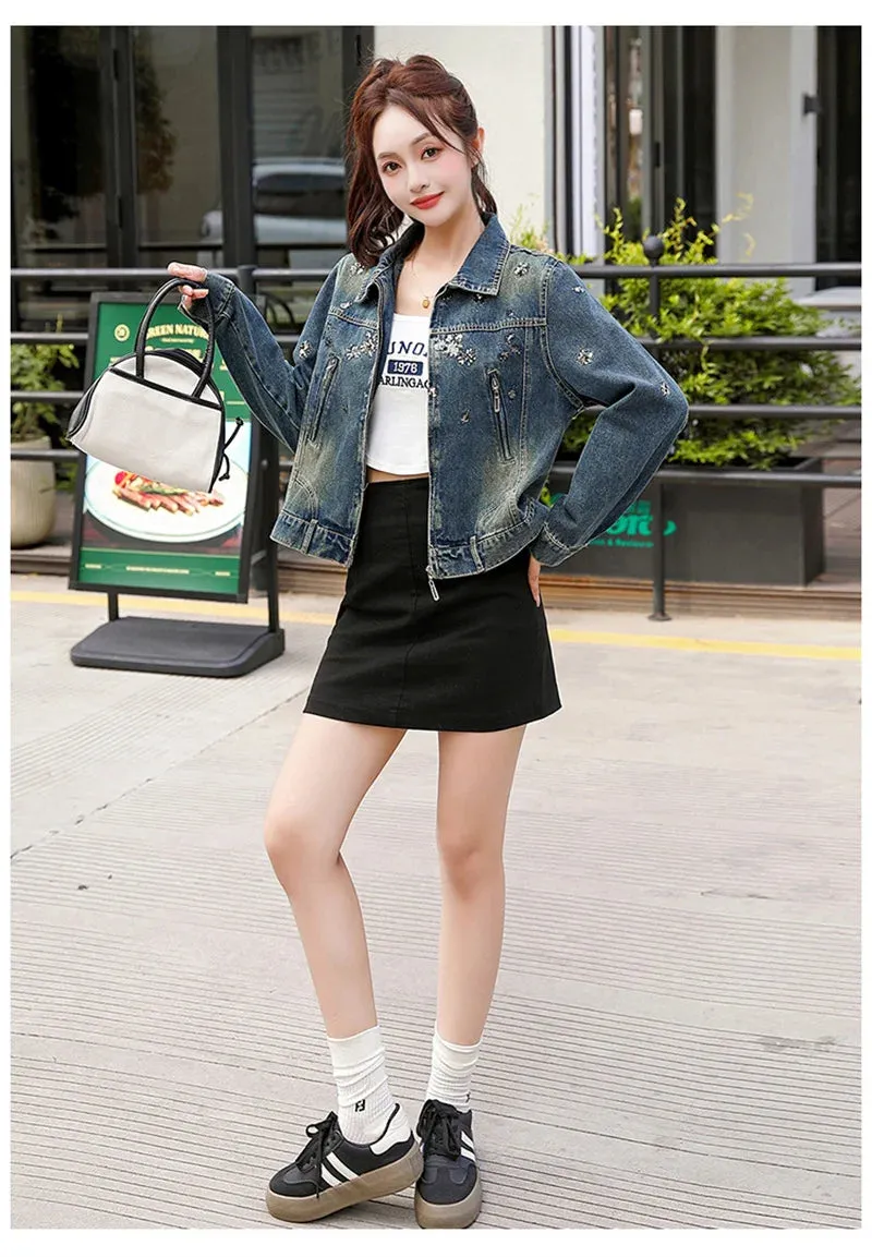 Vintage Denim Embroidery Coat Casual Retro Jacket