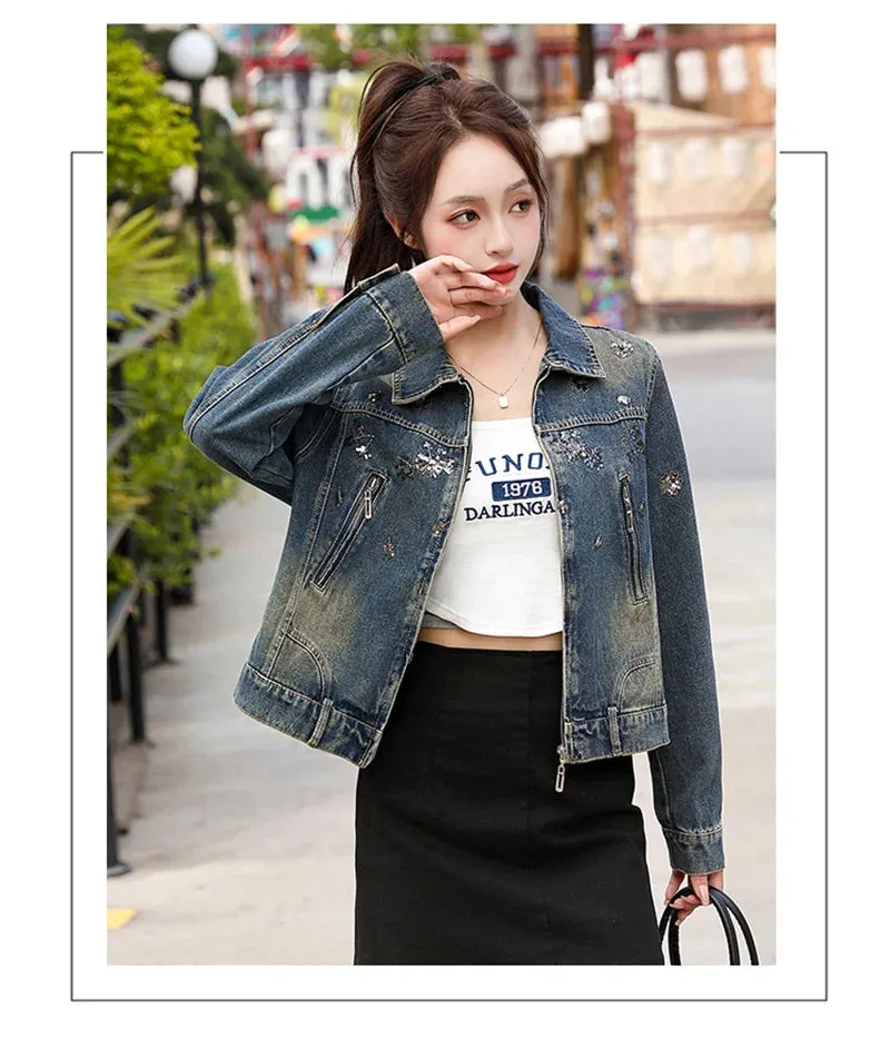 Vintage Denim Embroidery Coat Casual Retro Jacket