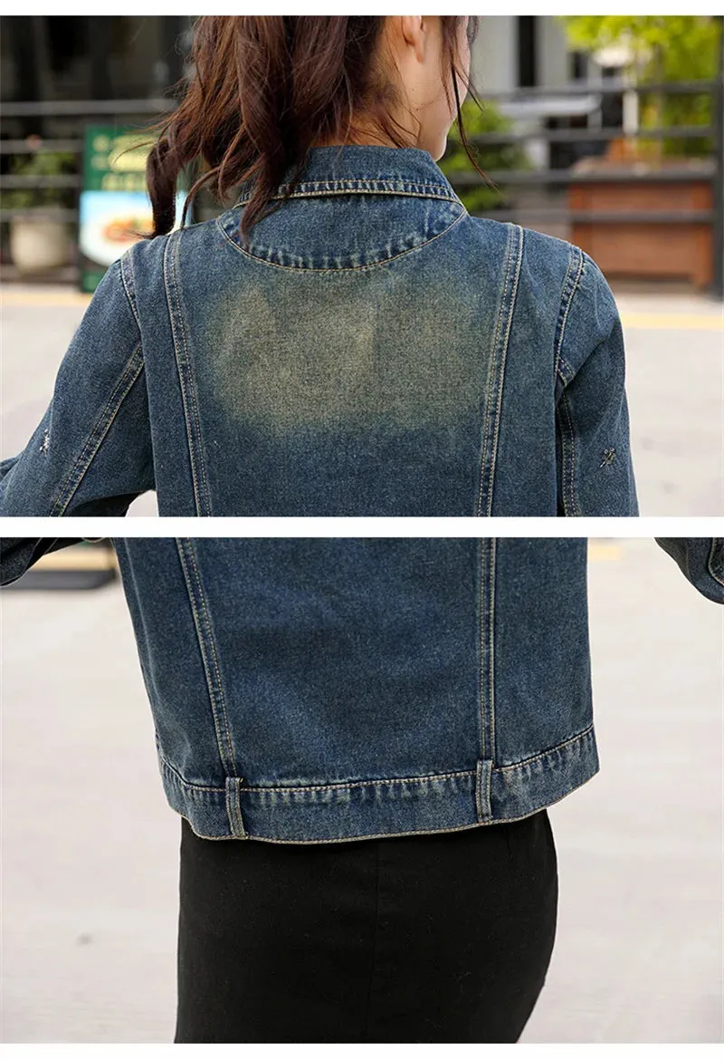 Vintage Denim Embroidery Coat Casual Retro Jacket