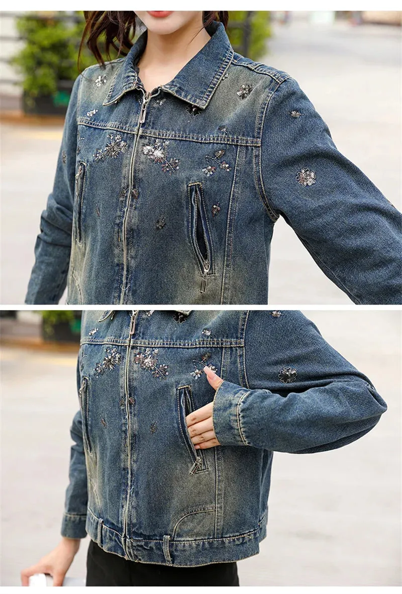 Vintage Denim Embroidery Coat Casual Retro Jacket