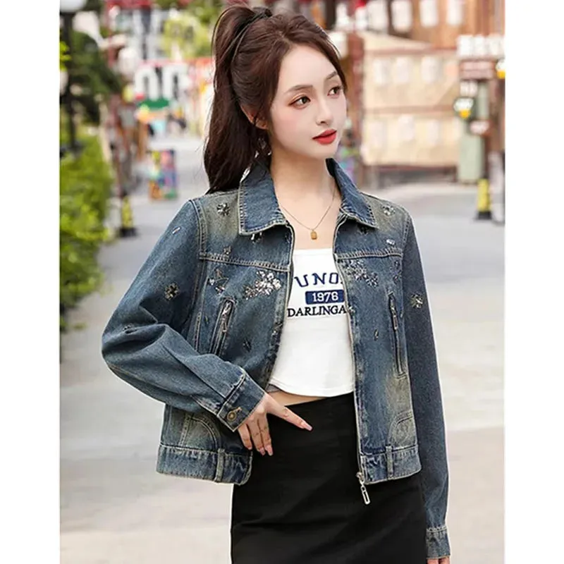 Vintage Denim Embroidery Coat Casual Retro Jacket