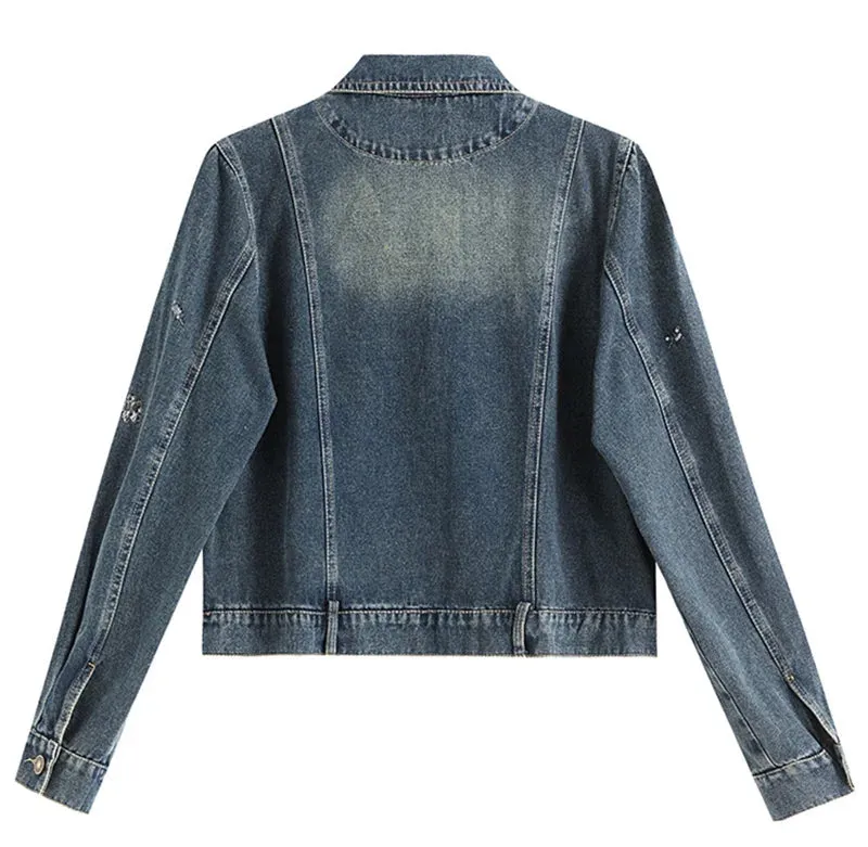 Vintage Denim Embroidery Coat Casual Retro Jacket