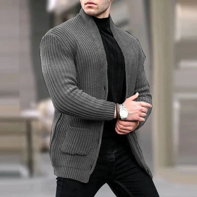 Wiaofellas  -  Men's Winter Knit Cardigan Jacket Luxury Jacquard Button-down Sweater Fashion Long Sleeve Solid Color Stand Collar Pocket Coats