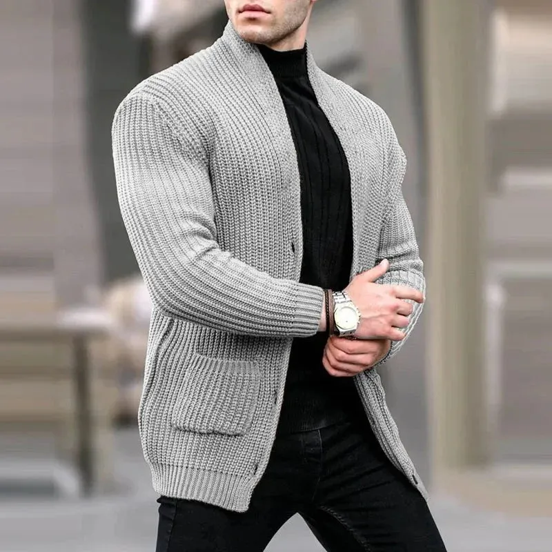 Wiaofellas  -  Men's Winter Knit Cardigan Jacket Luxury Jacquard Button-down Sweater Fashion Long Sleeve Solid Color Stand Collar Pocket Coats