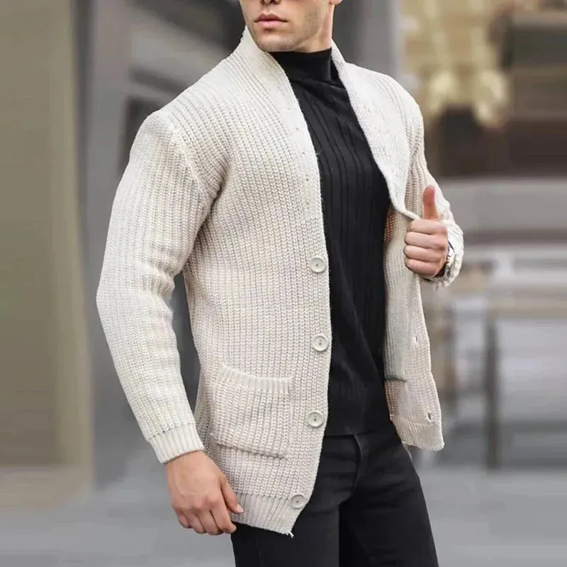 Wiaofellas  -  Men's Winter Knit Cardigan Jacket Luxury Jacquard Button-down Sweater Fashion Long Sleeve Solid Color Stand Collar Pocket Coats