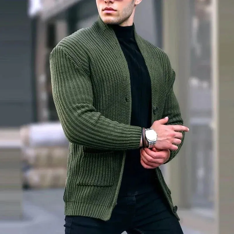 Wiaofellas  -  Men's Winter Knit Cardigan Jacket Luxury Jacquard Button-down Sweater Fashion Long Sleeve Solid Color Stand Collar Pocket Coats