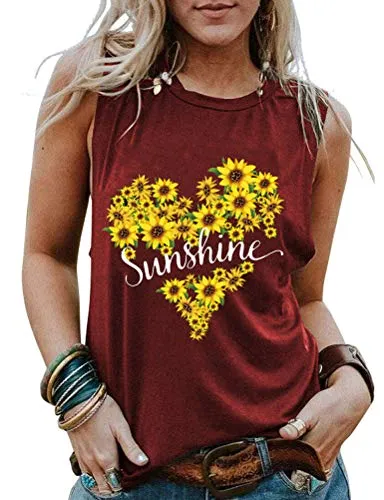 Women Sunshine Sunflower Heart Tank Top Graphic Shirt for Women