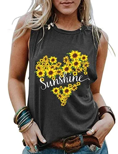 Women Sunshine Sunflower Heart Tank Top Graphic Shirt for Women